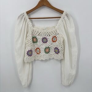 Aerie Crochet Top Small Balloon Sleeves Granny Squares Boho Hippie Open Knit